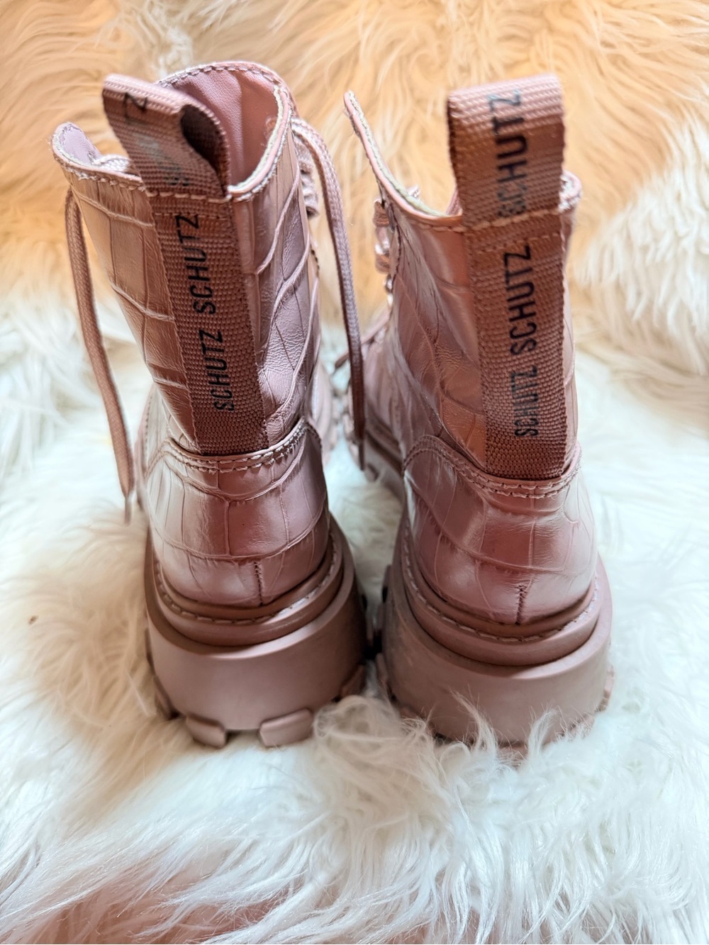 SCHUTZ Mauve Croc-Embossed Lace-Up Platform Boots size 7.5 B - Picture 5 of 9